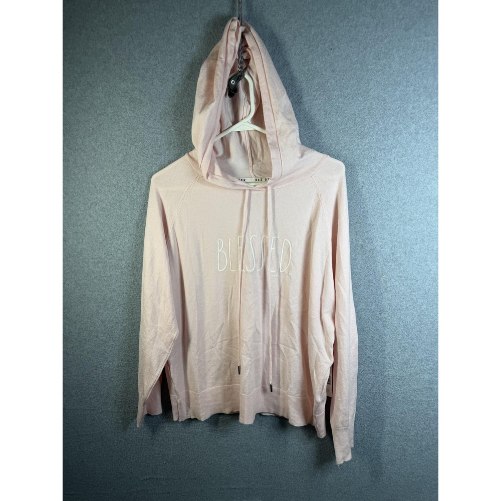 Rae Dunn Sweater Womens Large Pink Blessed Hooded Raglan Knit Pullover Top